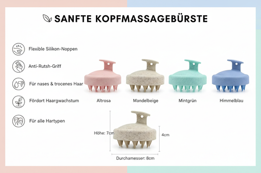 Infografik mit Features und Farbvarianten der Kopfhaut-Massagebürste
