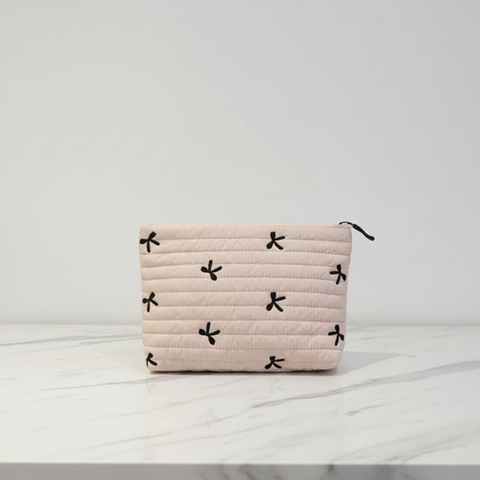 Süße Kosmetiktasche mit Schleifen – Weiche Clutch Makeup Bag | Creme, Rosa, Schwarz