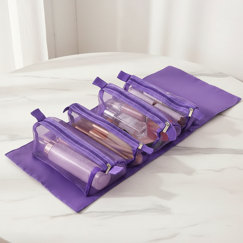 Roll-Up Kosmetiktasche – Abnehmbarer Reise-Organizer mit transparenten Fächern | Schwarz, Hellblau, Rosa, Lila, Braun
