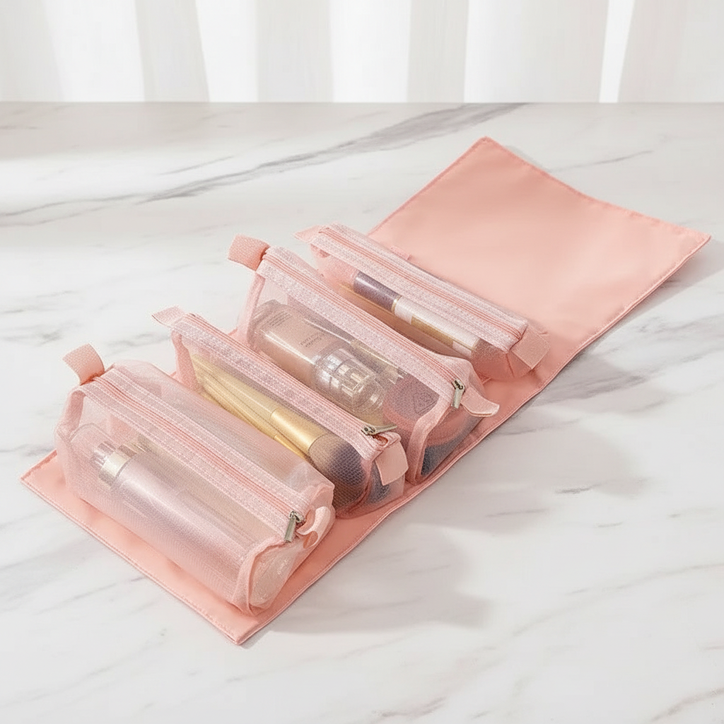 Roll-Up Kosmetiktasche – Abnehmbarer Reise-Organizer mit transparenten Fächern | Schwarz, Hellblau, Rosa, Lila, Braun