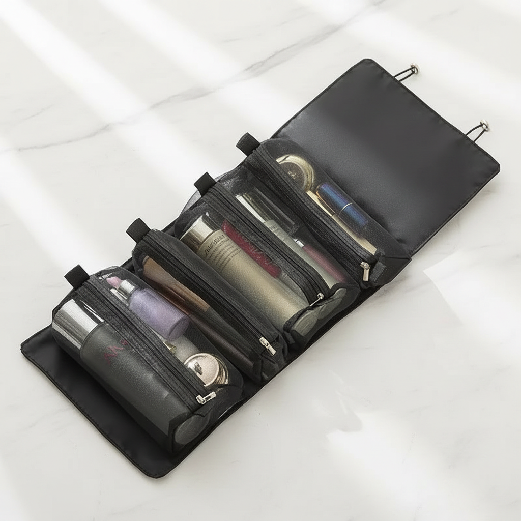 Roll-Up Kosmetiktasche – Abnehmbarer Reise-Organizer mit transparenten Fächern | Schwarz, Hellblau, Rosa, Lila, Braun