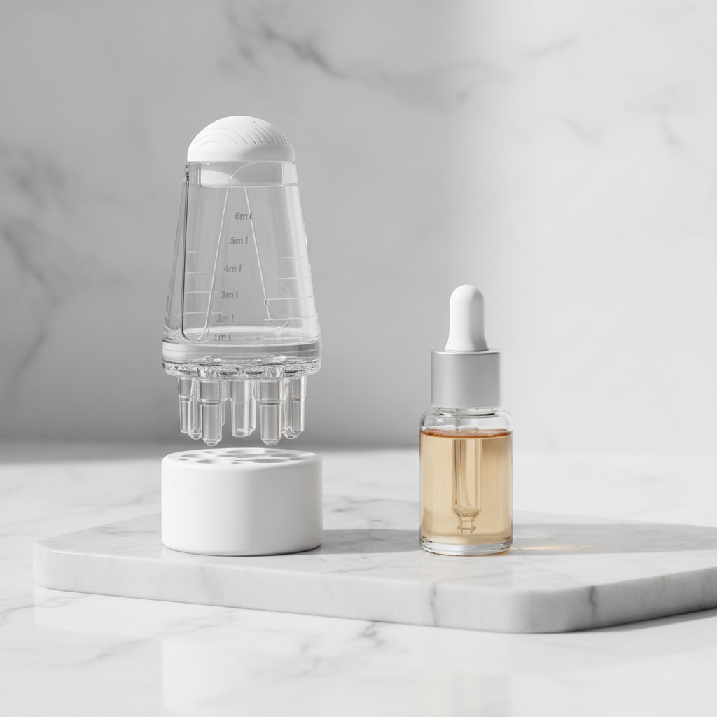 Serum-Applikator mit Massagekopf – Mini Serum & Haaröl Applikator für gesundes Haarwachstum | Transparent, Grau
