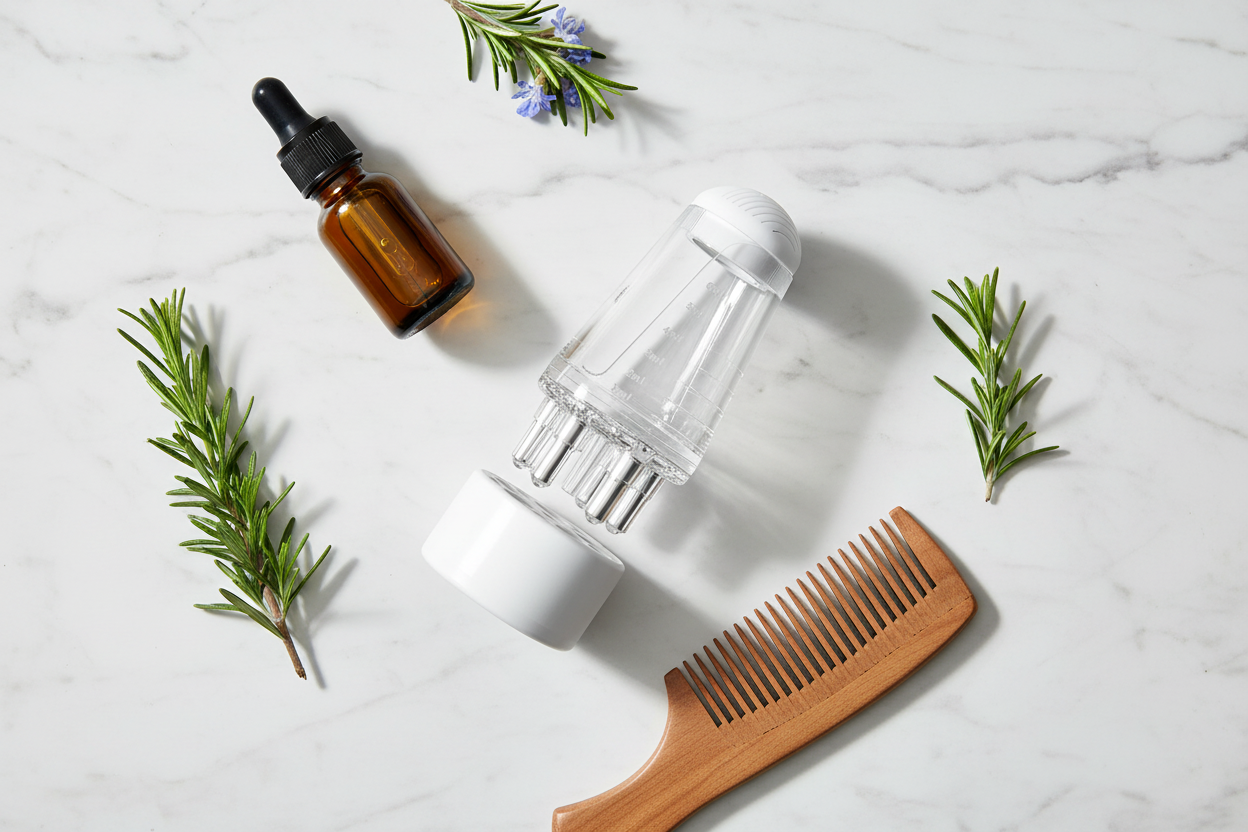 Serum-Applikator mit Massagekopf – Mini Serum & Haaröl Applikator für gesundes Haarwachstum | Transparent, Grau