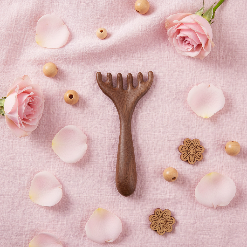 Sandelholz Massagekamm als Geschenk auf rosa Leinen
