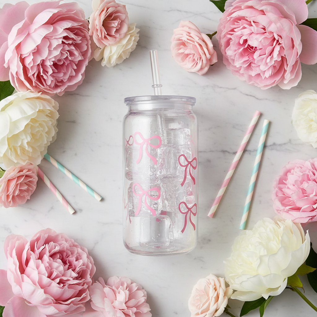 Mason Jar Tumbler Flat Lay mit Blumen auf Marmor
