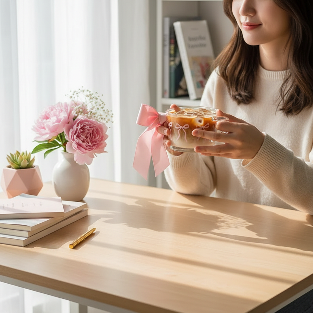Frau trinkt Eiskaffee aus Glastasse mit rosa Schleife