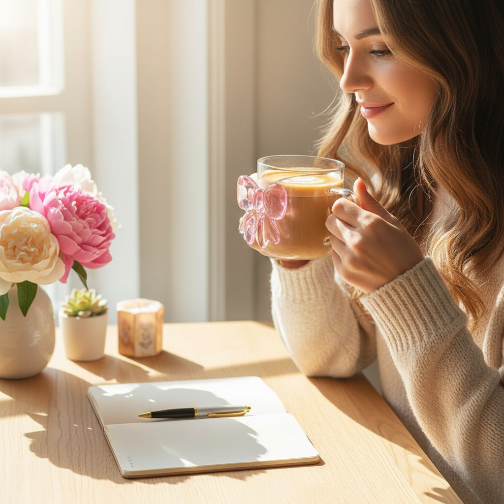 Frau hält Glastasse mit rosa 3D-Schleife