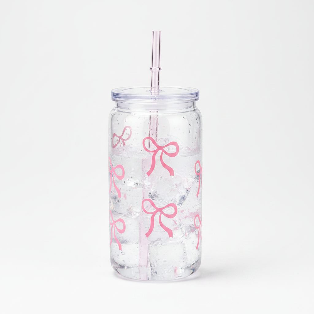 Mason Jar Tumbler mit rosa Schleife, Deckel und Strohhalm