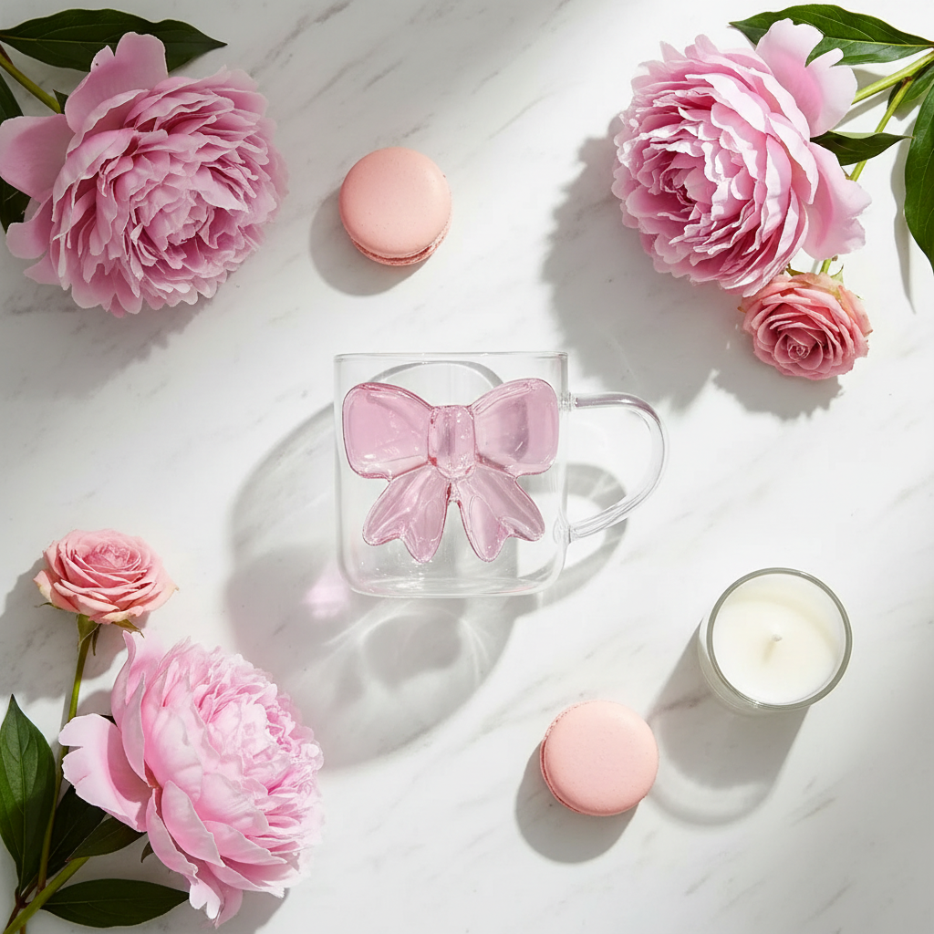 Glastasse mit Schleife – Flat Lay mit Blumen und Kerze