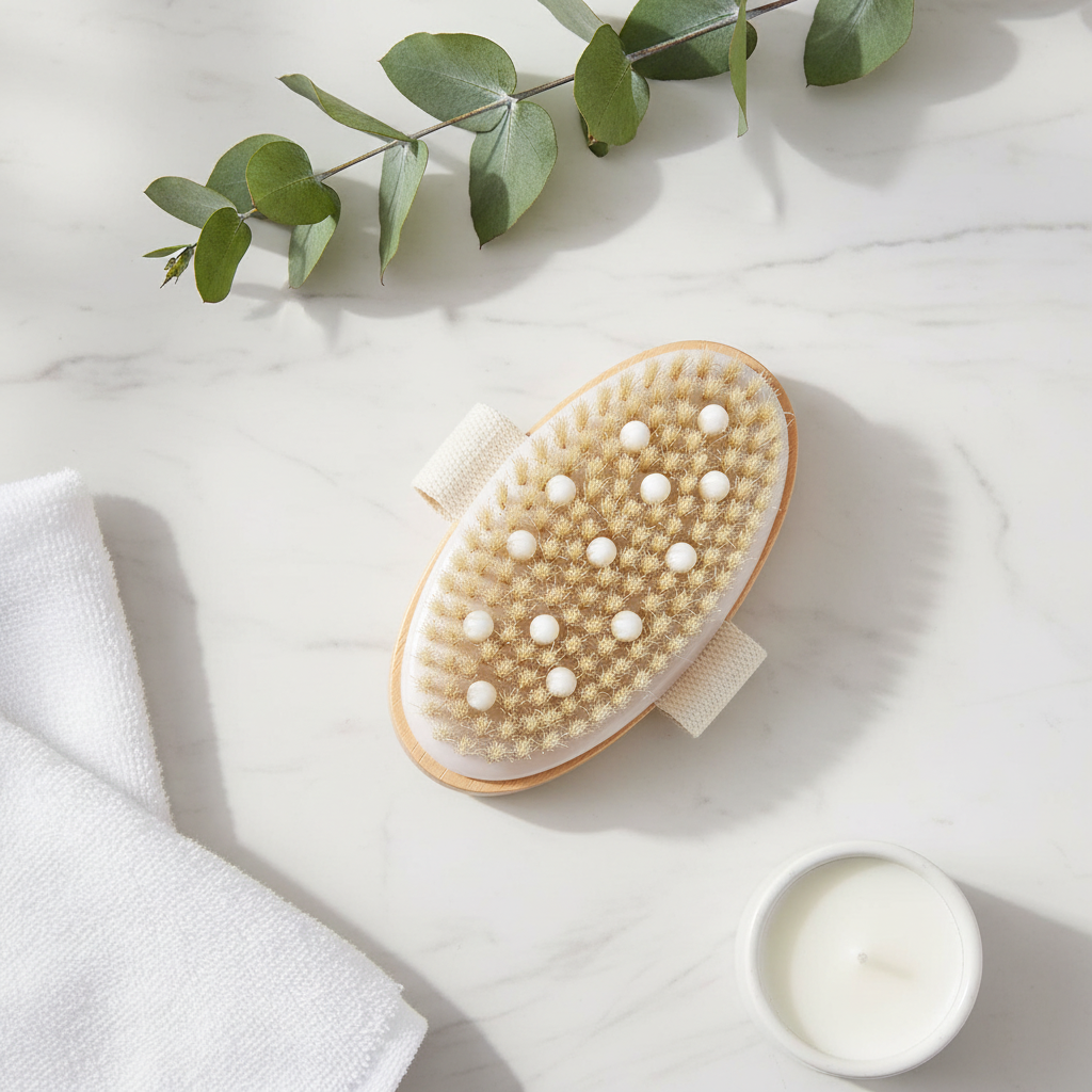 Dry Brush Flat Lay auf Marmor mit Eukalyptus und Kerze