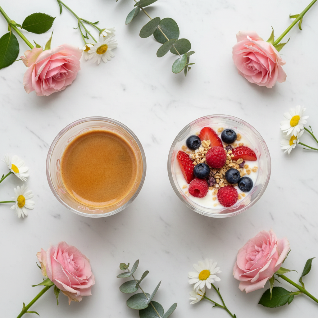 Glastassen mit rosa Schleife als Kaffeetasse und Dessertschale