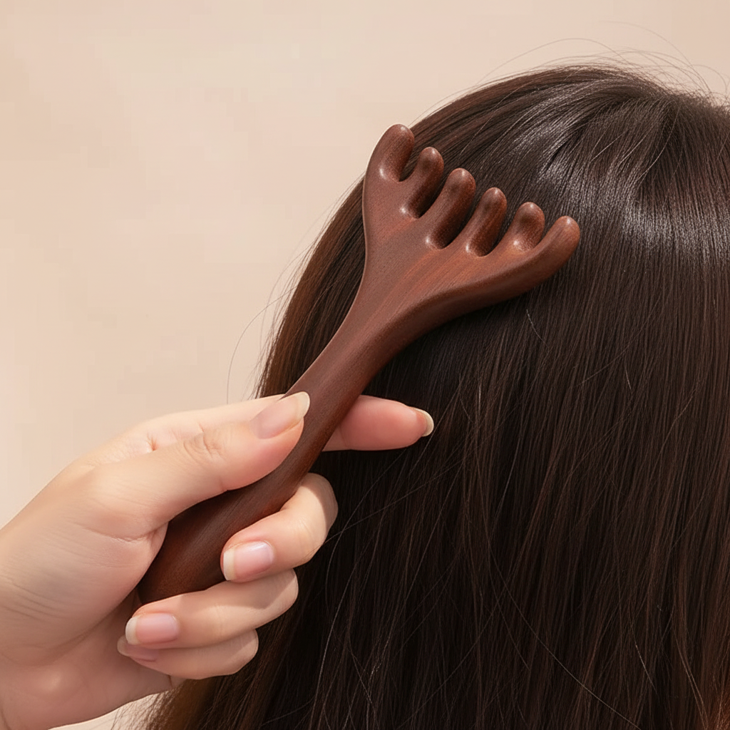 Sandelholz Massagekamm in Frauenhand bei der Kopfhaut-Massage