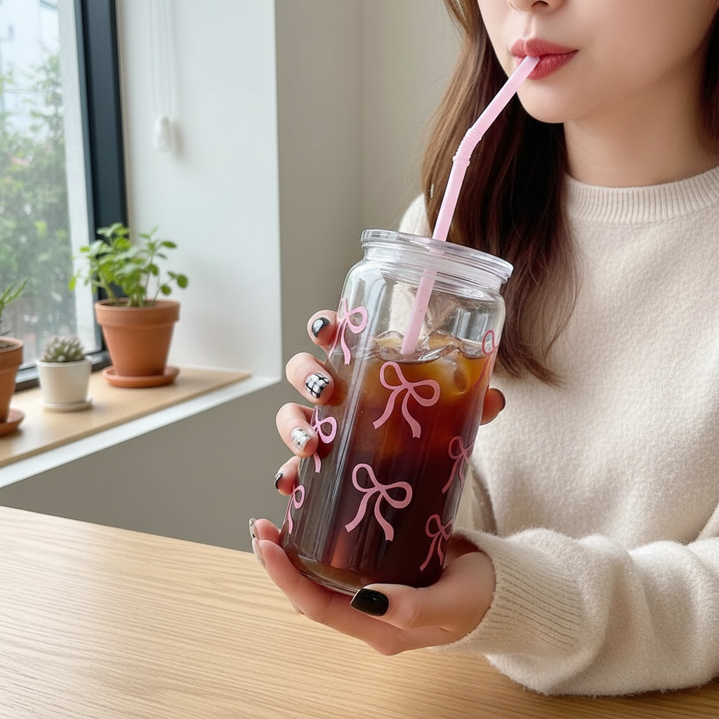 Frau trinkt Iced Coffee aus Mason Jar Tumbler mit rosa Schleife