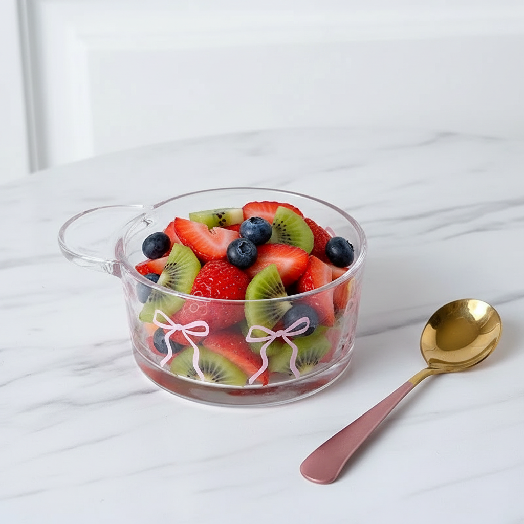 Glasschale mit rosa Schleife gefüllt mit frischem Obstsalat