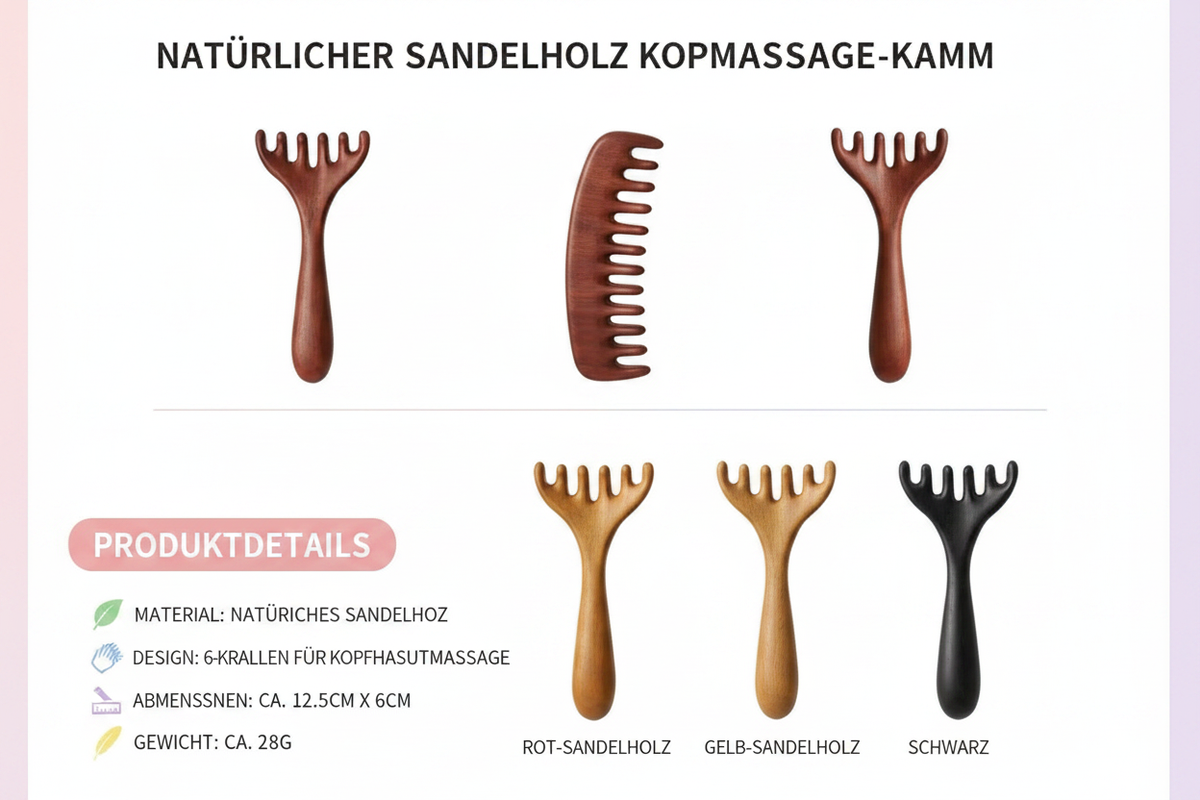 Infografik mit Maßen und Varianten des Sandelholz Massagekamms