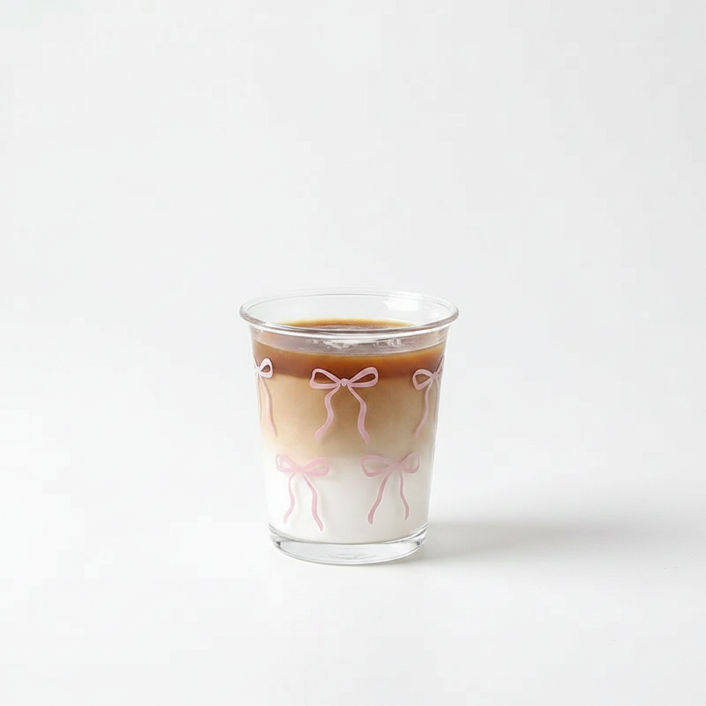 Glastasse mit rosa Schleife gefüllt mit Espresso