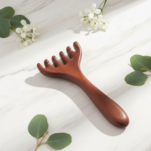 Sandelholz Kopfhaut-Massagekamm auf Marmor mit Eukalyptus