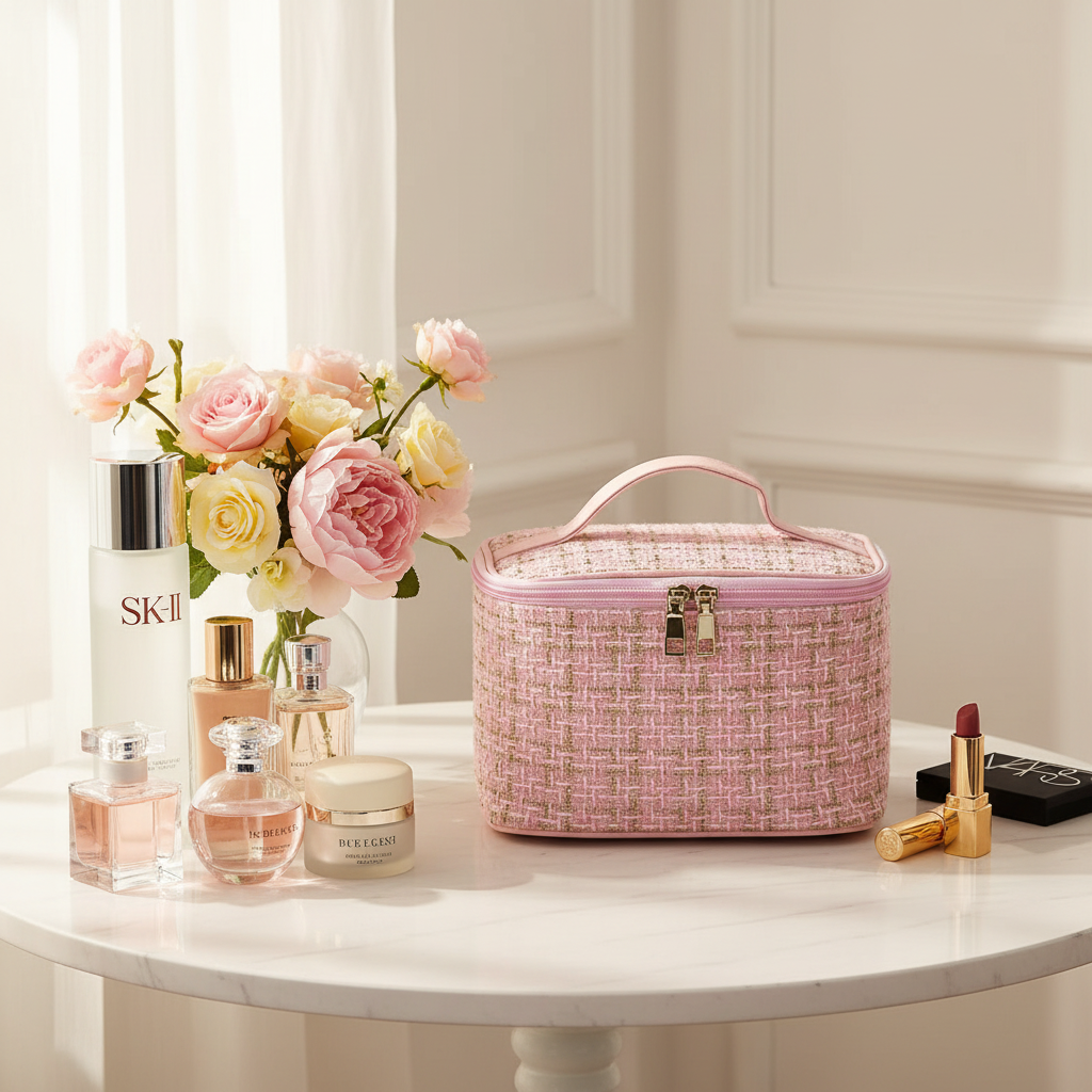 Luxus  Kosmetikkoffer – Große Make-up Tasche mit Doppelreißverschluss & Tragegriff | Beige, Schwarz, Rosa