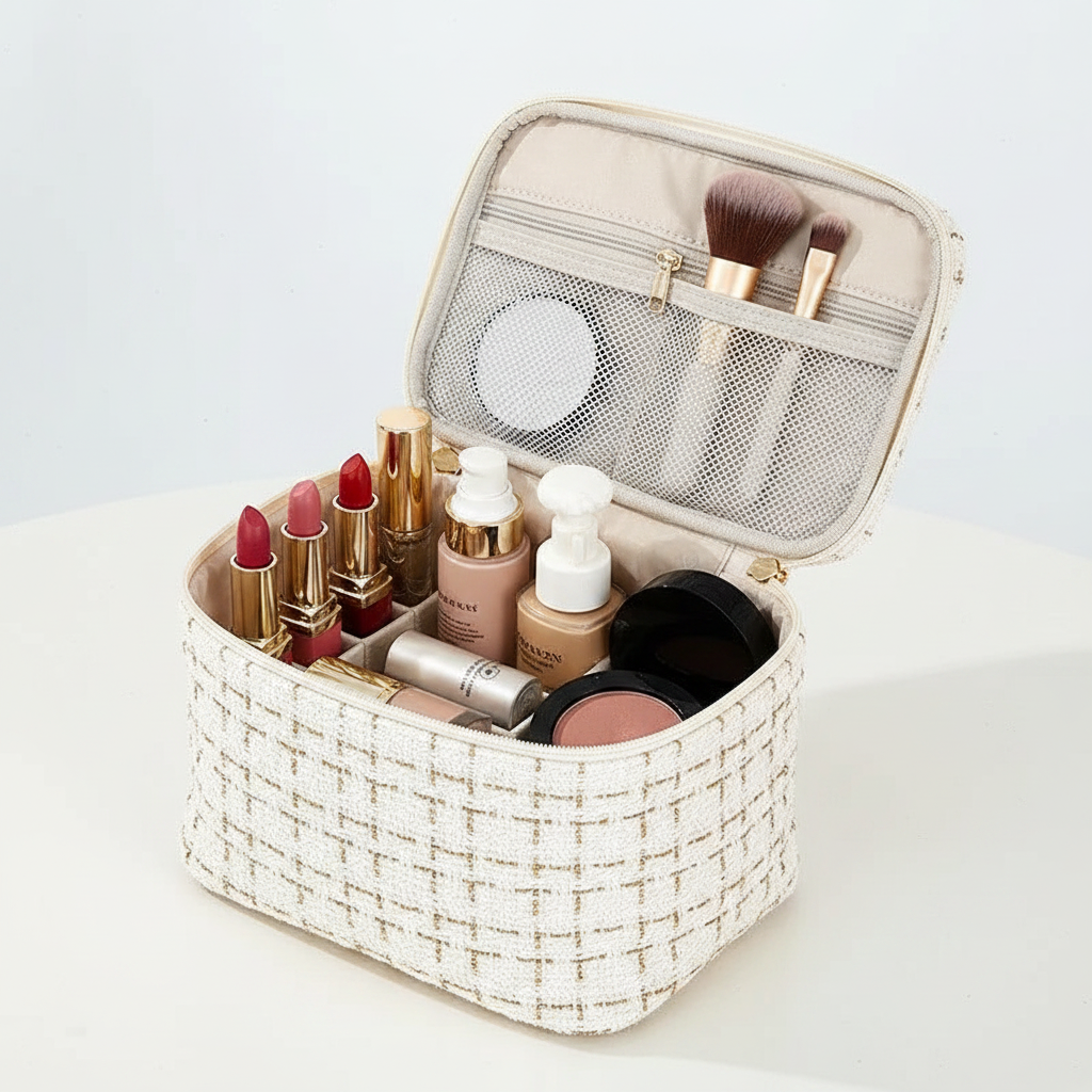 Luxus  Kosmetikkoffer – Große Make-up Tasche mit Doppelreißverschluss & Tragegriff | Beige, Schwarz, Rosa