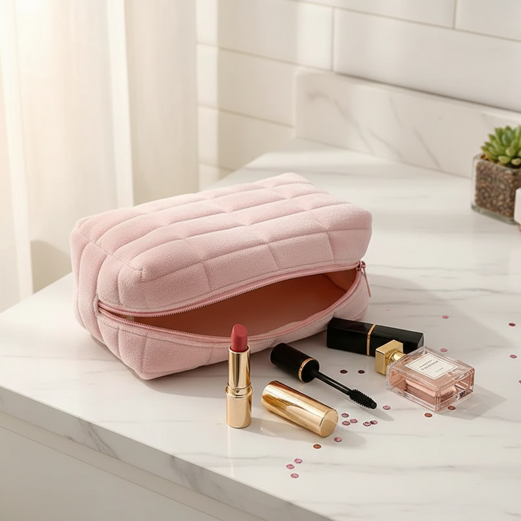 Fluffy Kosmetiktasche – Weiche Makeup Bag mit Reißverschluss | Rosa, Blau, Beige