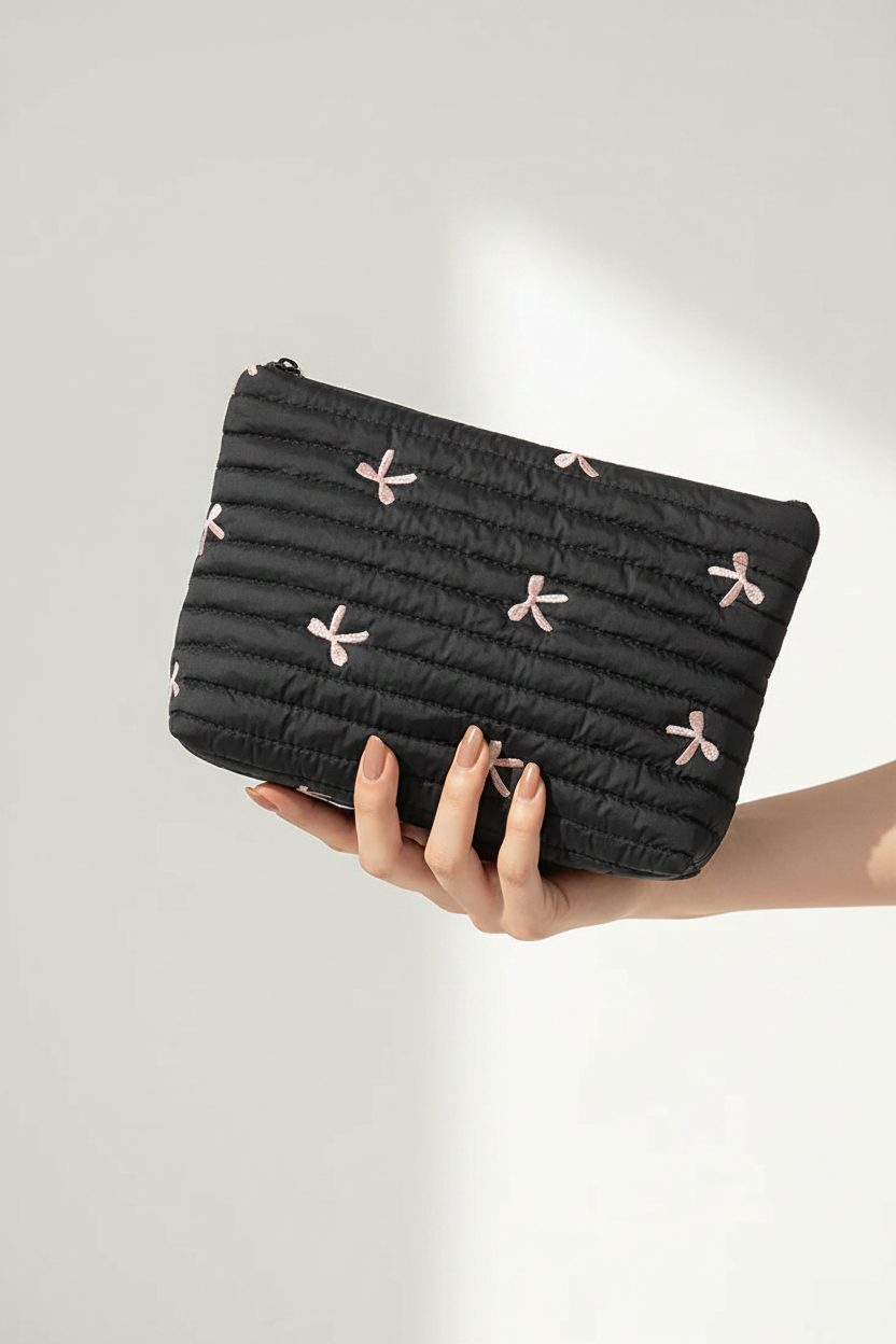 Süße Kosmetiktasche mit Schleifen – Weiche Clutch Makeup Bag | Creme, Rosa, Schwarz