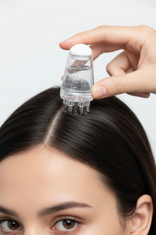 Serum-Applikator mit Massagekopf – Mini Serum & Haaröl Applikator für gesundes Haarwachstum | Transparent, Grau