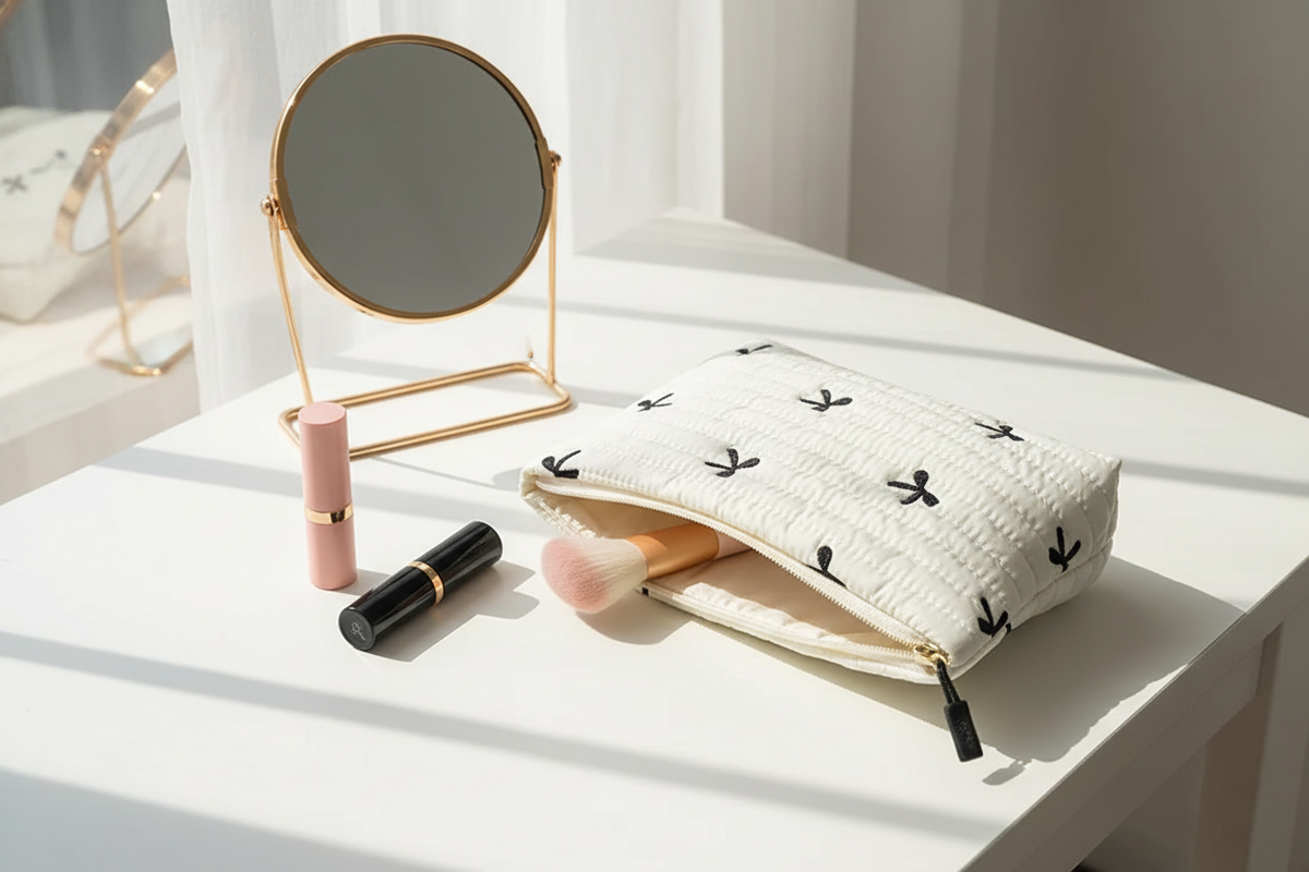 Süße Kosmetiktasche mit Schleifen – Weiche Clutch Makeup Bag | Creme, Rosa, Schwarz