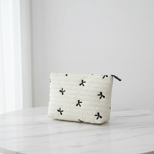 Süße Kosmetiktasche mit Schleifen – Weiche Clutch Makeup Bag | Creme, Rosa, Schwarz