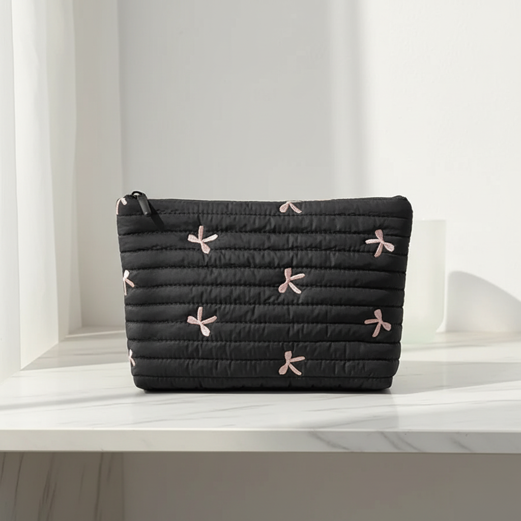 Süße Kosmetiktasche mit Schleifen – Weiche Clutch Makeup Bag | Creme, Rosa, Schwarz