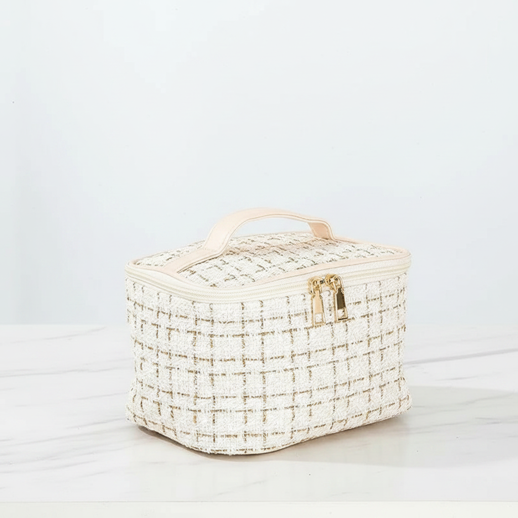 Luxus  Kosmetikkoffer – Große Make-up Tasche mit Doppelreißverschluss & Tragegriff | Beige, Schwarz, Rosa