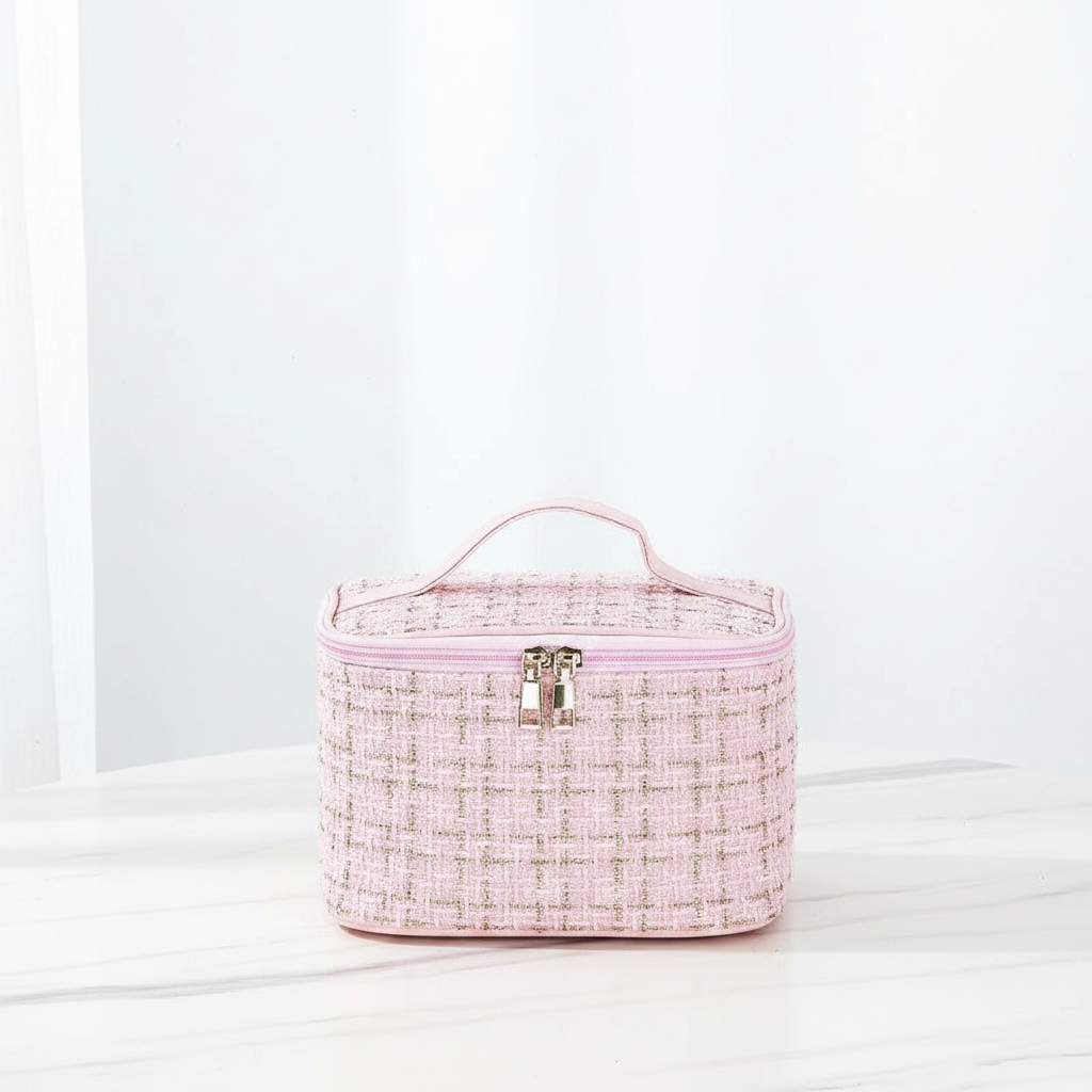 Luxus  Kosmetikkoffer – Große Make-up Tasche mit Doppelreißverschluss & Tragegriff | Beige, Schwarz, Rosa
